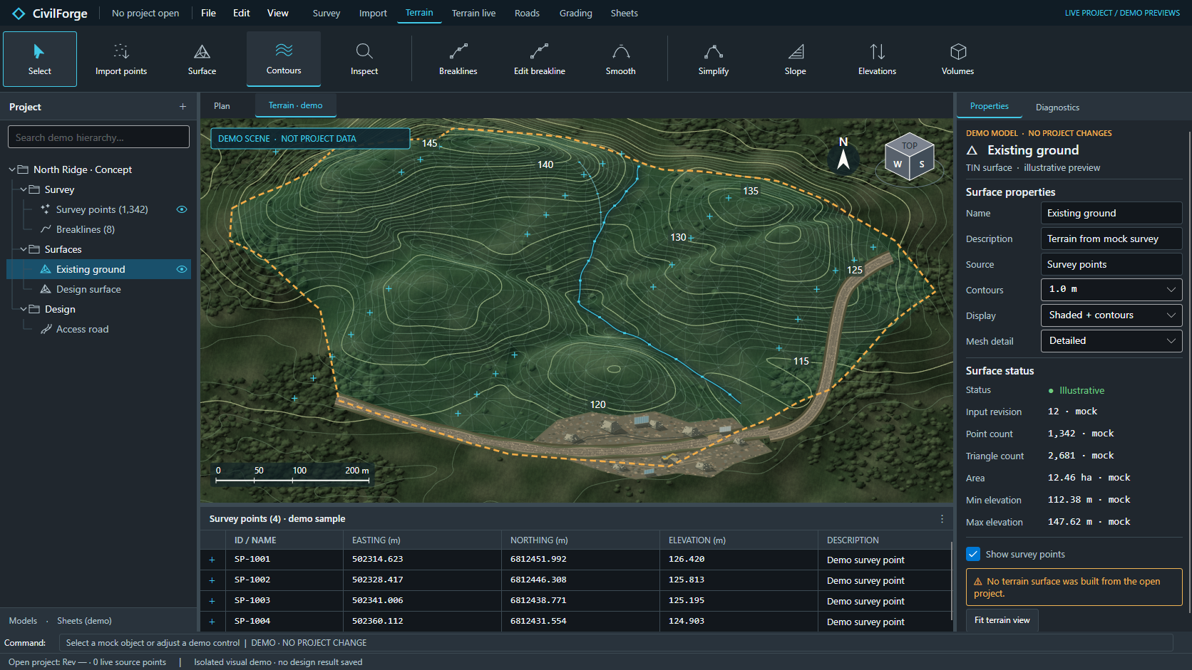 Civzu terrain workspace with an illustrative shaded site, contours and surface properties
